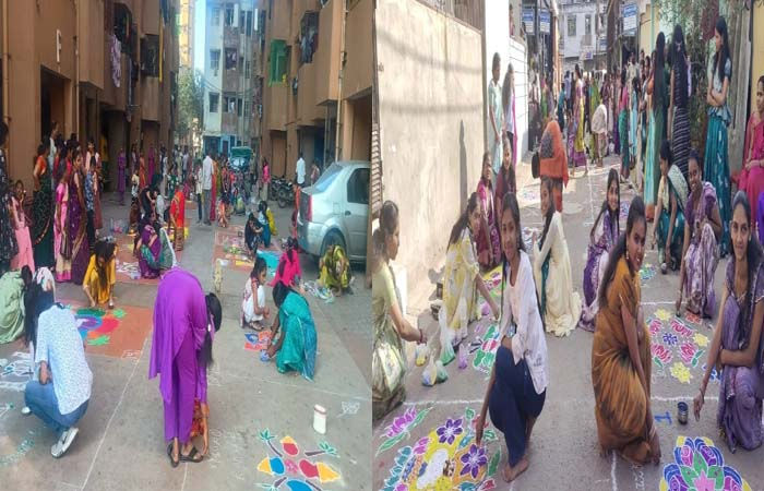 સુરતમાં તેલગુ સમાજની વસ્તીવાળા વિસ્તારમાં મકર સંક્રાંતિના દિવસે ઘર આંગણે રંગોળી થઈ