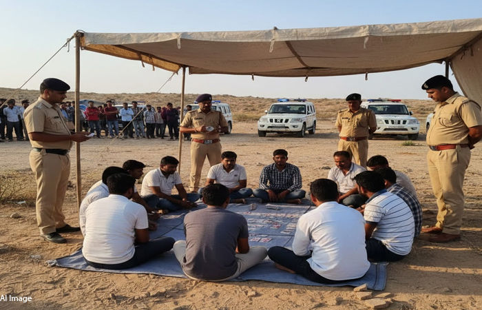 જામનગર નજીક ફલ્લા ગામમાં ચલણી નોટોના આંકડા ઉપર જુગાર રમી રહેલા 10 શખ્સો પકડાયા
