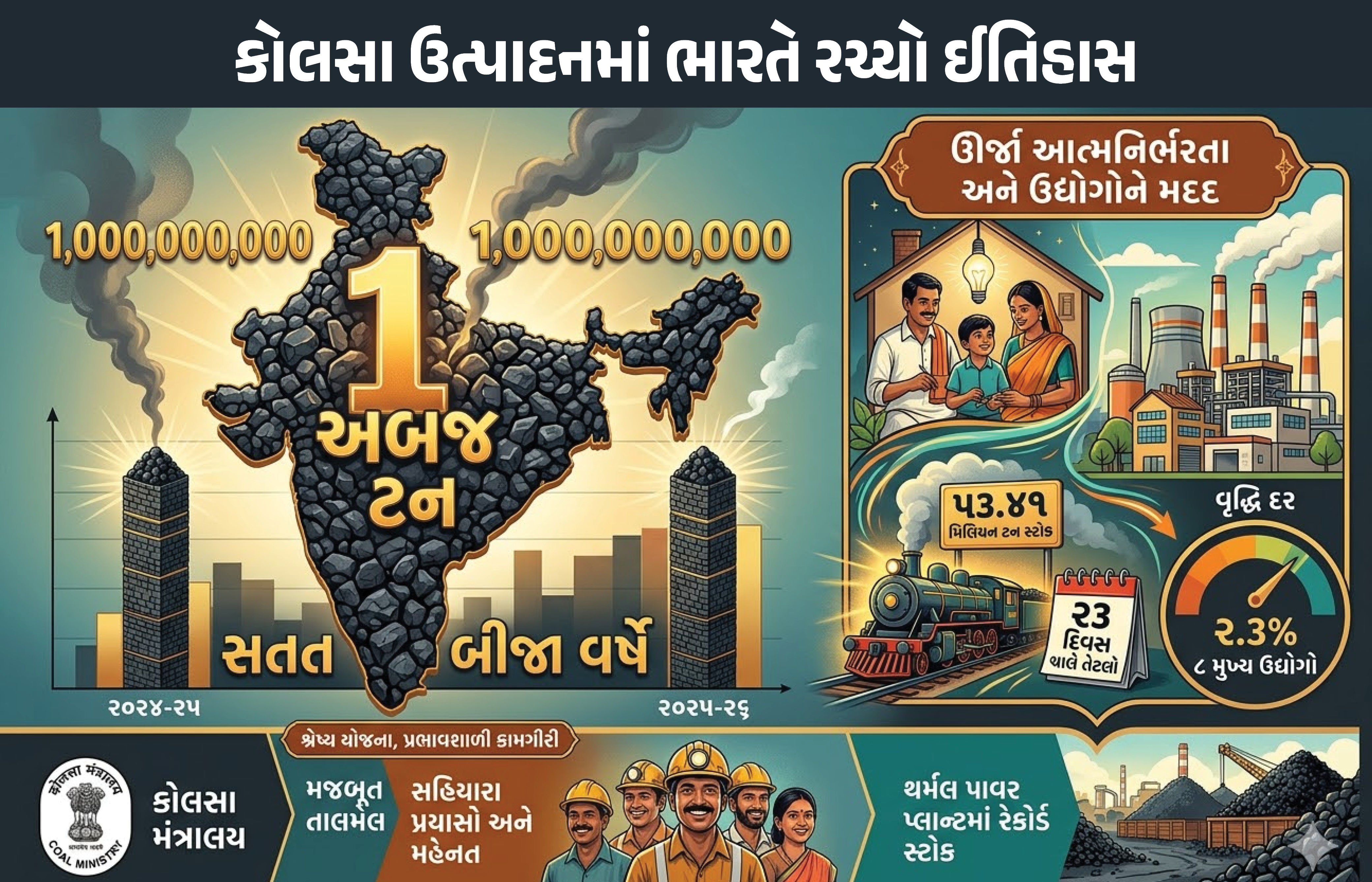 વીજ પુરવઠામાં મોટી રાહત ! ભારતે સતત બીજા વર્ષે 1 અબજ ટન કોલસાનું ઉત્પાદન કરી ઈતિહાસ રચ્યો