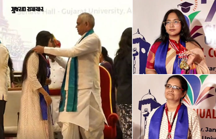 ગુજરાત યુનિવર્સિટી પદવીદાન: 10% દ્રષ્ટિ ધરાવતી ધૈર્યાને 7 ગોલ્ડ મેડલ, રવિના રાજપુરોહિત ટોપર