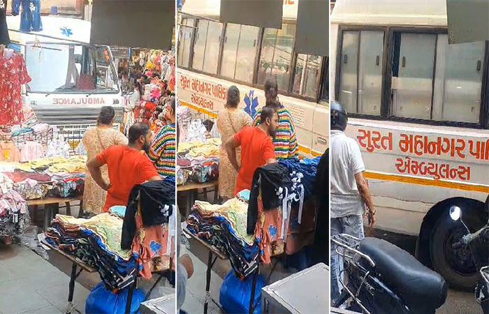 સુરતના ચૌટા બજારમાં માથાભારે તત્વોના દબાણમાં ફરી એક વખત એમ્બ્યુલન્સ ફસાઈ, બહાર કાઢતા ડ્રાઈવરને પરસેવો પડ્યો