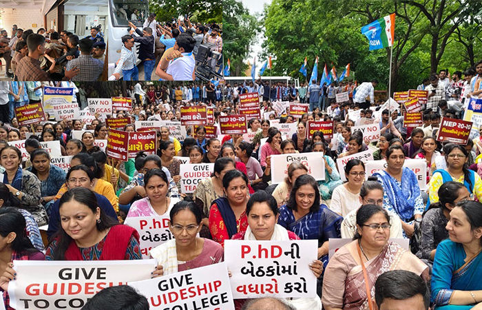 સૌરાષ્ટ્ર યુનિ.માં શિક્ષણ પ્રશ્ને હલ્લાબોલ પોલીસ સાથે ઝપાઝપી, દરવાજે કાચ ફૂટયા
