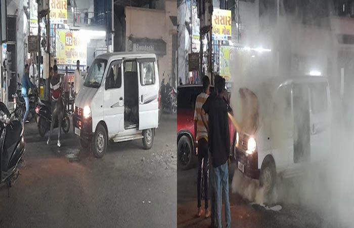 જામનગરમાં ત્રણ બત્તી વિસ્તારમાં ગઈકાલે ઇકો કારમાં અકસ્માતે આગ લાગતાં ભારે અફરાતફરી