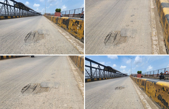 તાપી નદી પર બનેલા ચોક-અડાજણને જોડતા બ્રિજ પર ગાબડાંમાંથી દેખાતા સળીયા