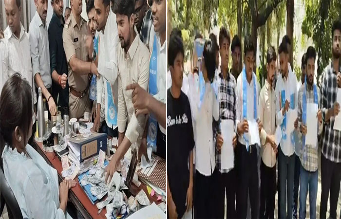 MSUની લો ફેકલ્ટીમાં પેમેન્ટ સીટો વધારવા મુદ્દે NSUI દ્વારા નકલી નોટો આપી અનોખો વિરોધ