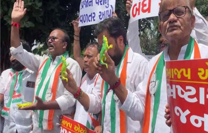 વિશ્વામિત્રી ભ્રષ્ટાચાર મુદ્દે મગરની પ્રતિકૃતિ સાથે કોંગ્રેસ દ્વારા 'સત્તાધીશો જવાબ દો, હિસાબ દો' ના નારા સાથે વિરોધ પ્રદર્શન