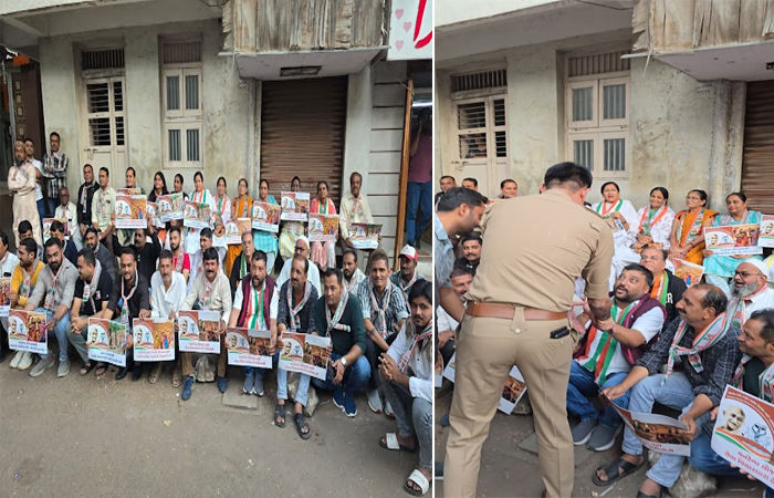 જામનગરમાં કેન્દ્ર સરકાર દ્વારા મનરેગા યોજનાનું નામ બદલવાના મામલે શહેર કોંગ્રેસ દ્વારા વિરોધ પ્રદર્શન : 8ની અટકાયત