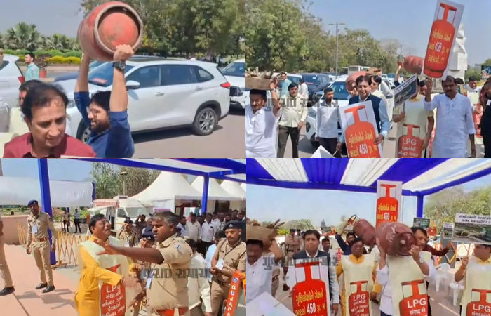 Congress MLAs protest outside Gujarat Assembly over LPG, natural gas shortage