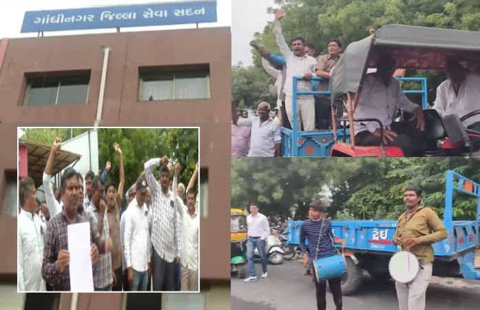 'તાત્કાલિક સહાય આપો...', 10 ગામના ખેડૂતો ટ્રેક્ટરમાં બેસીને વાજતે-ગાજતે પહોંચ્યા ગાંધીનગર કલેક્ટર કચેરી