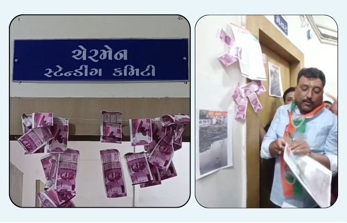 જામનગર પાલિકામાં ભ્રષ્ટાચાર મુદ્દે વિપક્ષનો હલ્લાબોલ, મેયરની ઓફિસે લાગાવ્યો ‘ભ્રષ્ટાચારનો હાર’