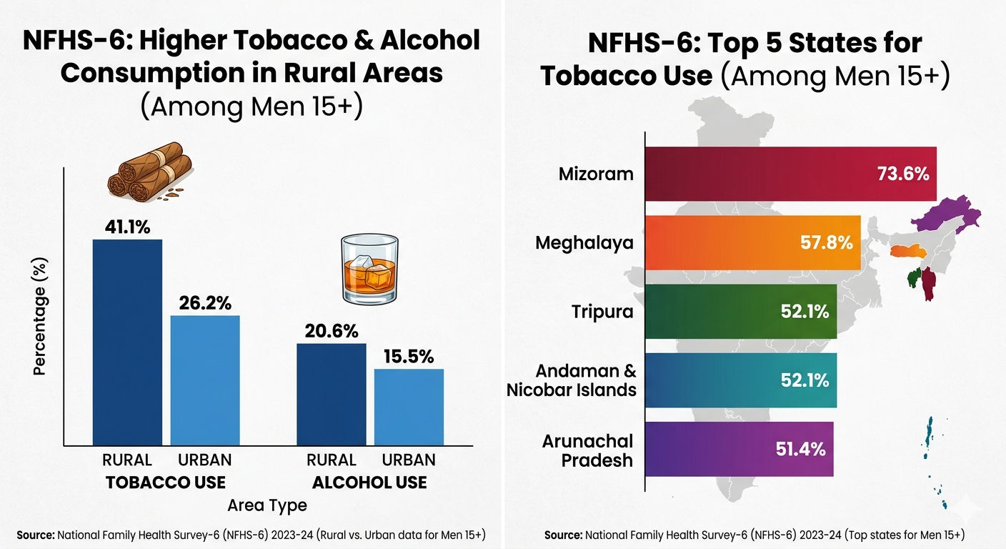 Tobacco, alcohol consumption higher among men, rural areas tops in chart: NFHS data Tobacco, alcohol consumption higher among men, rural areas tops in chart: NFHS data