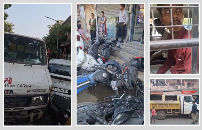 અમદાવાદના નારણપુરામાં કચરાની ગાડી બેફામ: 7થી વધુ વાહનોને લીધા અડફેટે, ડ્રાઇવરે દારૂ પીધો હોવાનો આક્ષેપ