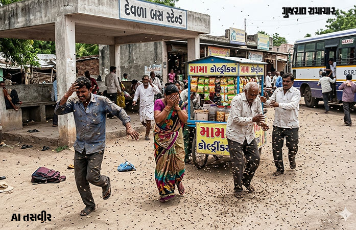 VIDEO: ધારીના દેવળા ગામે બસ સ્ટેન્ડ પાસે બેઠેલા 6 લોકો પર મધમાખીના ઝુંડનો અચાનક હુમલો, તમામને હોસ્પિટલ ખસેડાયા
