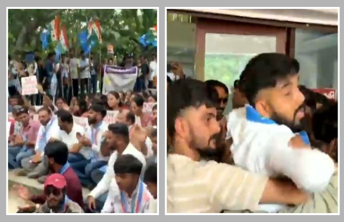 સૌરાષ્ટ્ર યુનિવર્સિટીમાં ભ્રષ્ટાચાર મુદ્દે કોંગ્રેસનો દેખાવ, પોલીસ સાથે ઘર્ષણ થતા કાર્યકર્તાઓની અટકાયત