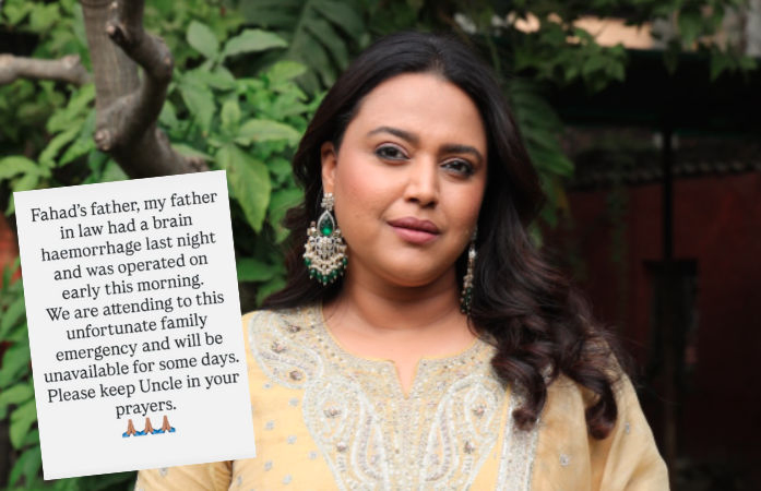 Swara Bhasker reveals father-in-law suffered a brain haemorrhage, says family is attending to emergency
