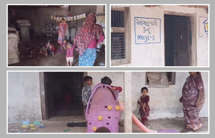 છોટાઉદેપુર: ભીલપુર ગામની આંગણવાડી જર્જરિત, કાચા મકાનમાં ગેસના સિલિન્ડર વચ્ચે જોખમી ભણતર