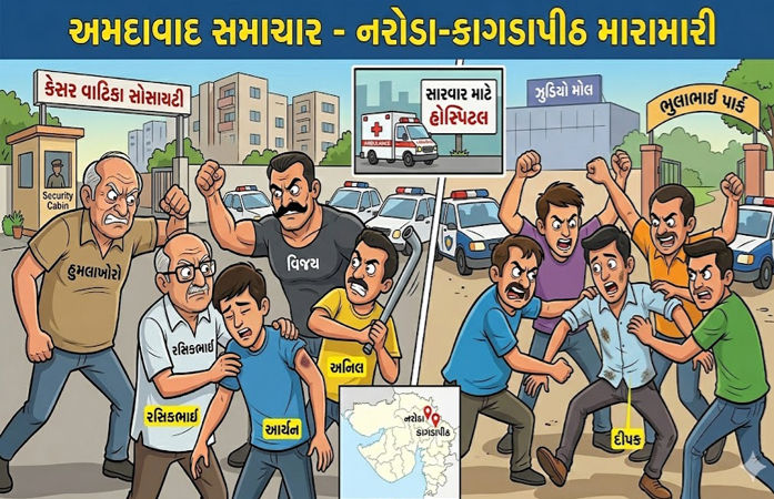 નરોડામાં પિતા- પુત્ર સહિત ત્રણ લોકો અને કાગડાપીઠમાં ચાર લોકોને તલવાર અને પાઇપ વડે મારામારી કરી, સારવાર માટે ખસેડવા પડ્યા