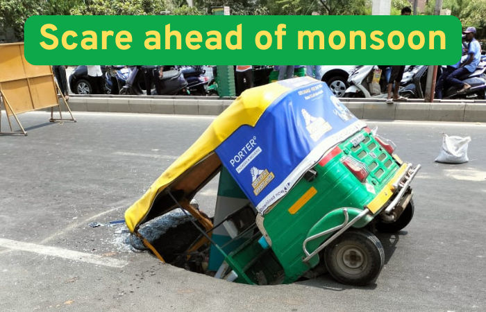 Road cave-in at Makarba injures auto-rickshaw driver, triggers traffic chaos