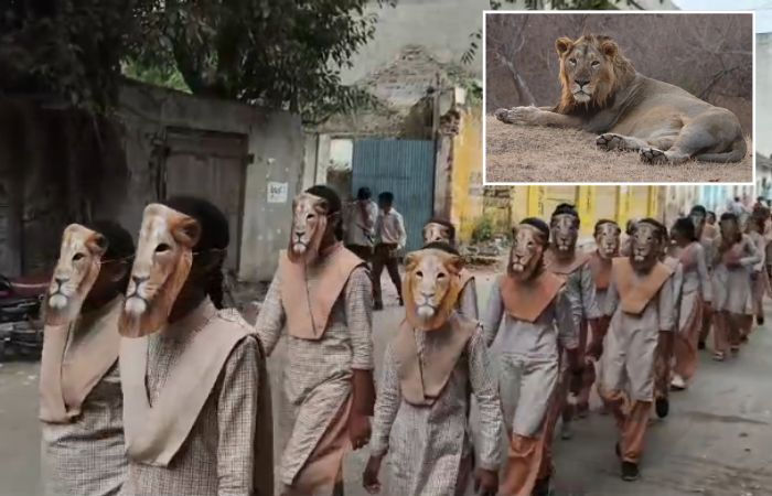 અમરેલી જિલ્લામાં વિશ્વ સિંહ દિવસની ઉજવણી, શાળાના વિદ્યાર્થીઓએ સિંહના મુખોટા પહેરી રેલી યોજી