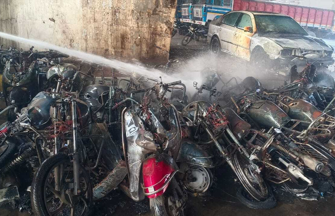 Massive fire engulfs 35 two-wheelers and two cars near Odhav traffic checkpost