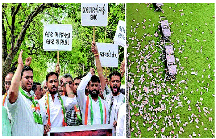 ભ્રષ્ટાચાર મુદ્દે કોંગ્રેસનું કોર્પોરેશનમાં હલ્લાબોલ ઃ નકલી નોટો ઉડાડી વિરોધ કર્યો