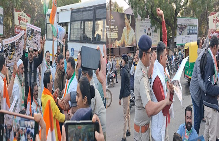 જામનગરના લાલ બંગલા સર્કલમાં કોંગ્રેસ દ્વારા ઉત્તરપ્રદેશના માધ મેળા સાધુ સંતોના અપમાનના સંદર્ભમાં રસ્તા રોકો આંદોલન કરાયું : પોલીસ દ્વારા 19ની અટકાયત