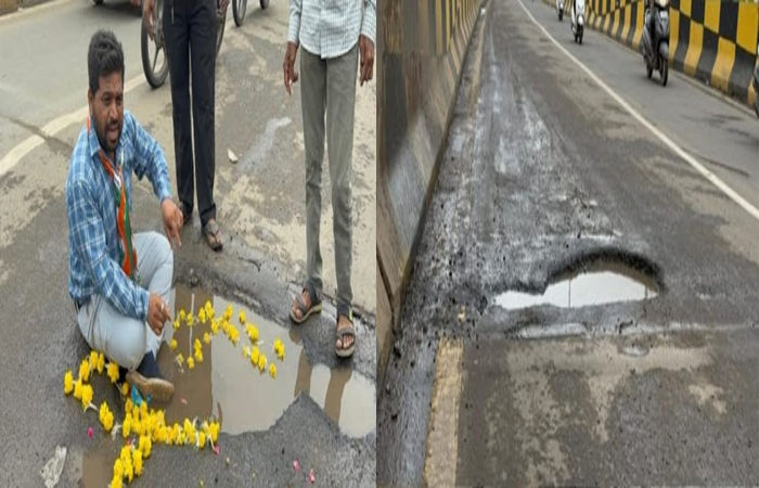 જામનગરમાં થોડા સમય પહેલાં જ બનાવેલા રેલવે ઓવર બ્રિજમાં મોટો ગાબડું પડતાં કોંગ્રેસ દ્વારા ખાડા પૂજન કરાયું