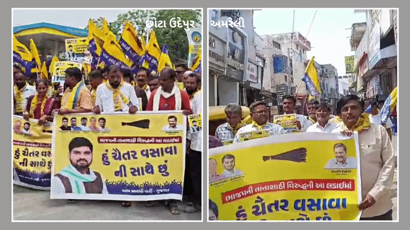 આપના ધારાસભ્ય ચૈતર વસાવાના સમર્થનમાં છોટા ઉદેપુર અને અમરેલીના લાઠીમાં AAPની વિરોધ રેલી, સરકાર સામે સૂત્રોચ્ચારો