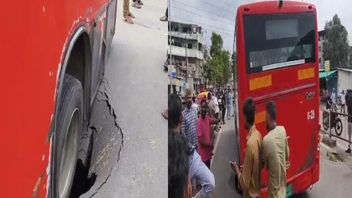 સુરતના BRTS રૂટ પર મોટો ભુવો, બસના ટાયર ફસાયા