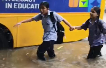 Students rescued after school bus gets stranded in floodwaters at Vejalpur