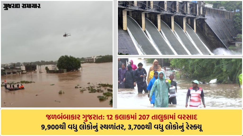 દક્ષિણ ગુજરાતમાં મેઘરાજાનું રૌદ્ર સ્વરૂપ: પૂર પ્રભાવિત અનેક લોકોનું રેસ્ક્યૂ, 26 સ્ટેટ હાઇવે સહિત 1201 રસ્તા બંધ, 15 ડેમ હાઇ ઍલર્ટ પર