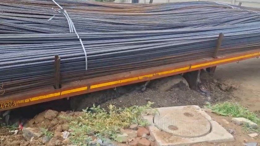 Road Collapse Leaves Trailer Stranded in New Ranip