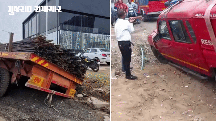 VIDEO: સામાન્ય વરસાદમાં અમદાવાદના પાલડી-રાણીપમાં રોડ બેસી ગયા: ફાયરની ગાડી અને સળિયા ભરેલું ટ્રેલર ખાડામાં ફસાયું!