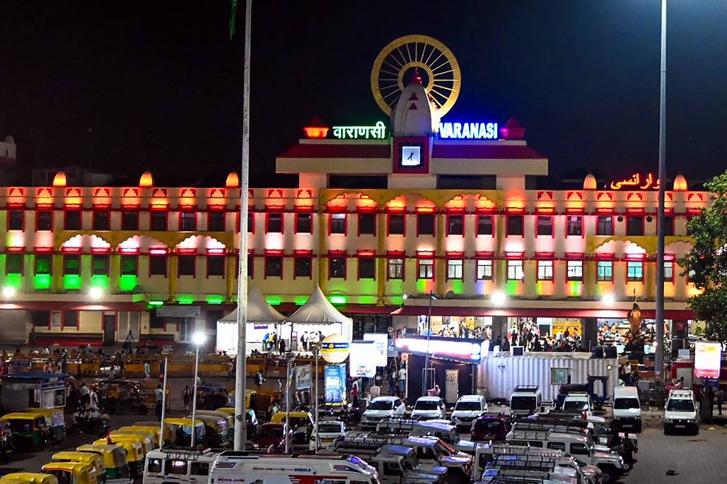 Varanasi - Varanasi Junction railway station illuminated in Tricolour colours on the eve of the 80th Independence Day celebrations on Friday, August 14, 2026.jpg