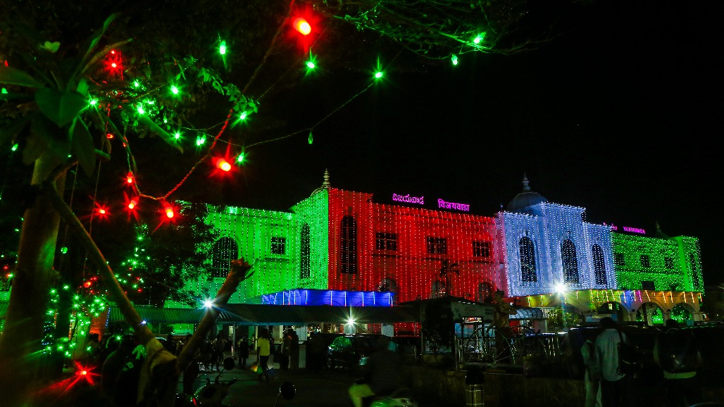 Vijayawada - Vijayawada Junction railway station illuminated in tricolour on the eve of the 80th Independence Day celebrations on Friday, August 14, 2026.jpg