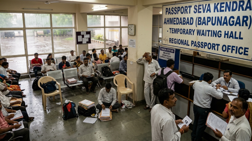 Rain-Related Backlog Triggers Long Queues at Ahmedabad’s Bapunagar Passport Office