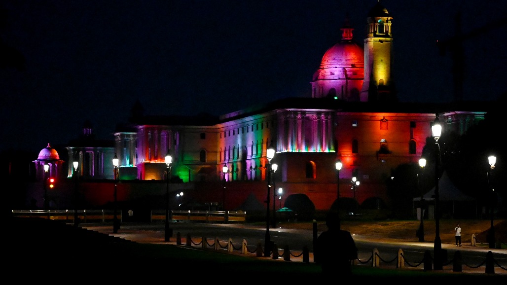 New Delhi - The Raisina Hill building is illuminated with tricolor lights on the eve of Independence Day celebrations in New Delhi on Friday, August 14, 2026.jpg