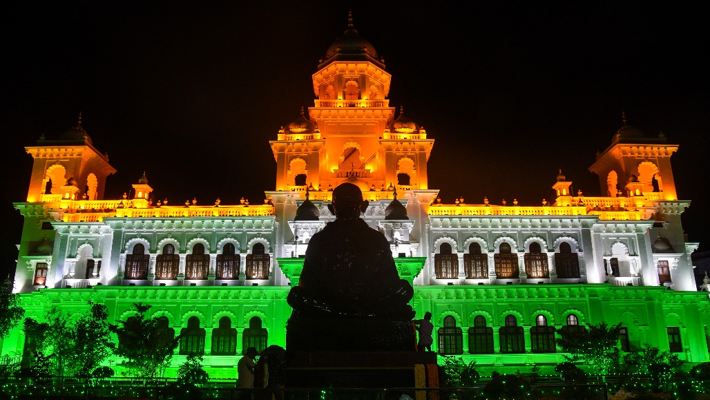 Hyderabad - The Assembly building is illuminated in tri-colour lighting on the eve of the 80th Independence Day celebrations on Friday, August 14, 2026.jpg