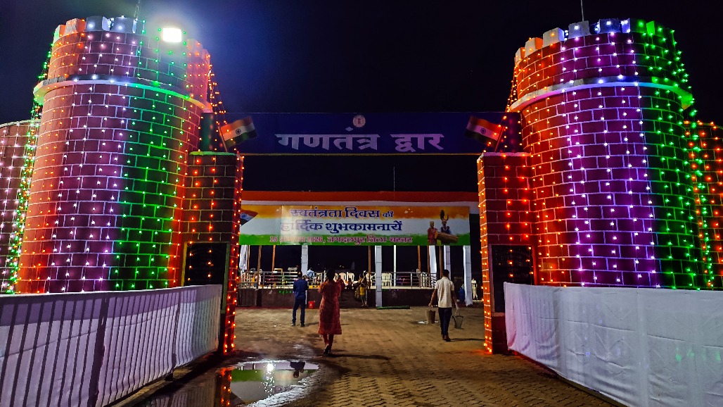 Bastar - Ganatantra Dwar illuminated in Tricolour colours on the eve of the 80th Independence Day celebrations in Jagdalpur, Bastar district, Chhattisgarh, on Friday, August 14, 2026.jpg