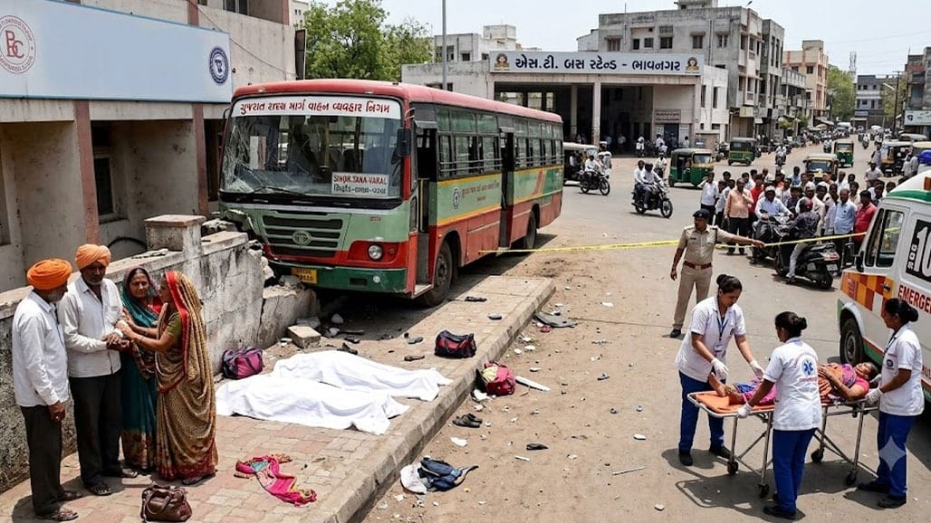 ભાવનગરમાં ST બસ ફૂટપાથ પર ચડી