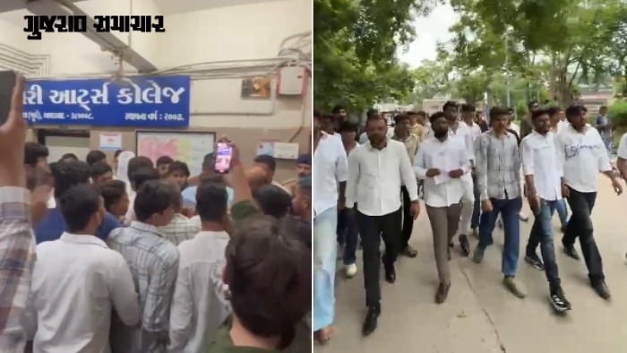 અમદાવાદ: કે.કા. શાસ્ત્રી કોલેજમાં બાઉન્સરોની કથિત હેરાનગતિ મુદ્દે NSUIનો ઉગ્ર વિરોધ
