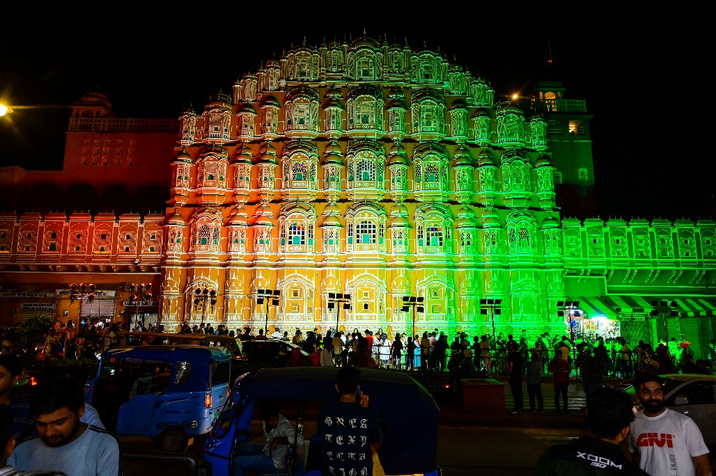 Jaipur - Hawa Mahal illuminated in tricolour on the eve of the 80th Independence Day celebrations on Friday, August 14, 2026.jpg