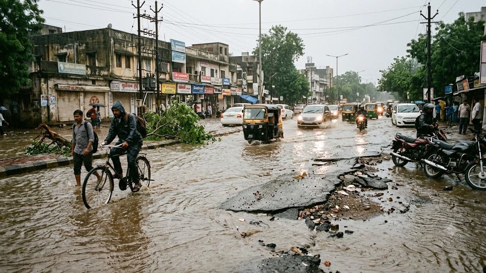 Ahmedabad Waterlogged After Just 2 Inches of Rain: Submerged Roads, Uprooted Trees & Failed Drainage Claims