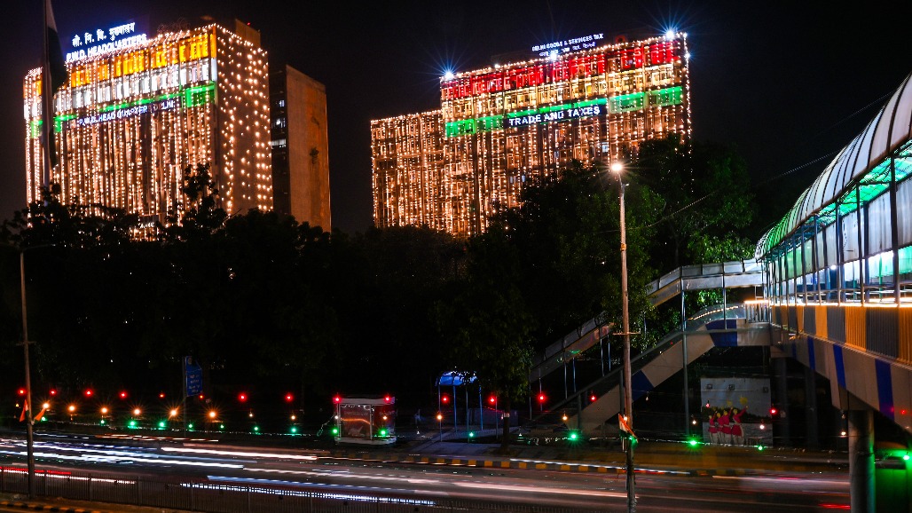 New Delhi - Delhi's Public Works Department and Goods and Services Tax headquarters buildings are illuminated with tricolor ligh.jpg