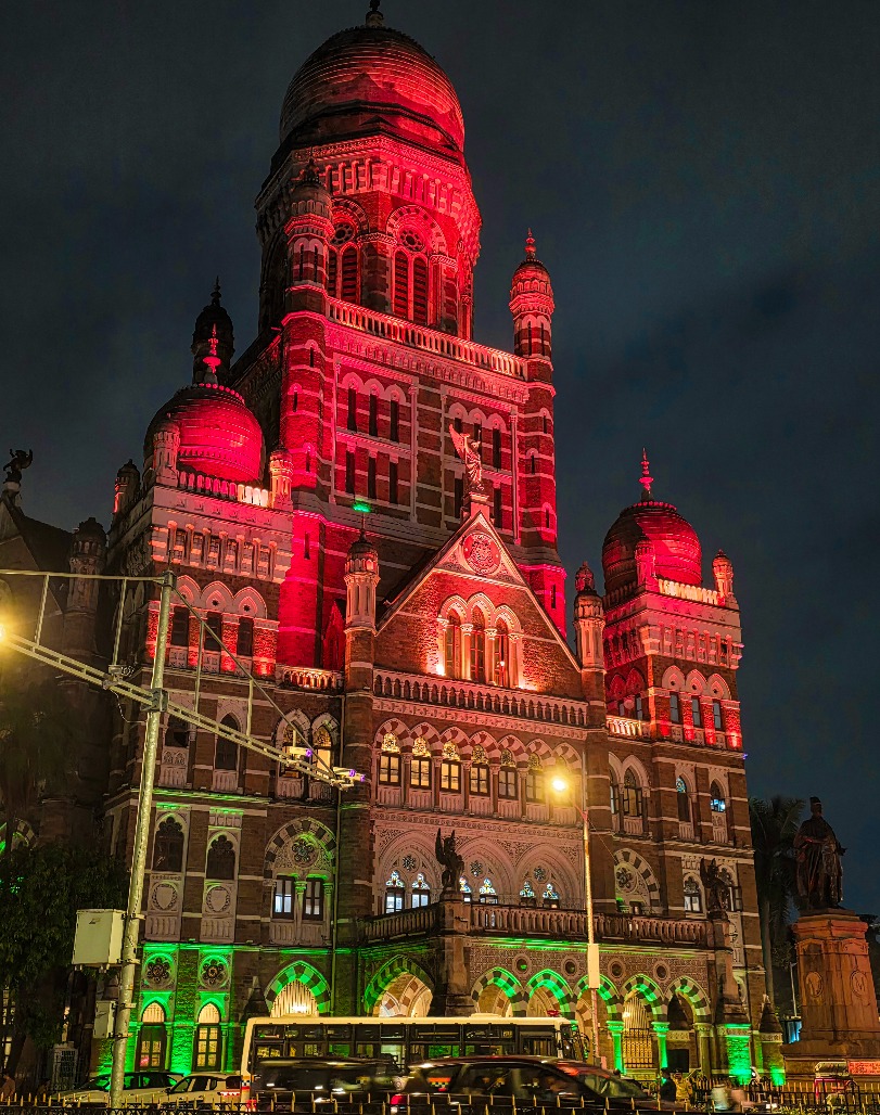 Mumbai - A view of the Brihanmumbai Municipal Corporation (BMC) building illuminated in the colours of the national Tricolour on the eve of Independence Day, in Mumbai on Friday, August 14, 2026.jpg