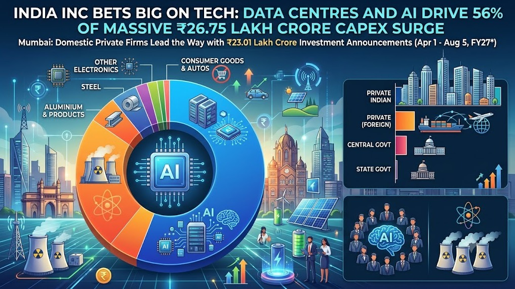 India Inc Bets Big on Tech: Data Centres and AI Drive 56% of Massive ₹26.75 Lakh Crore Capex Surge