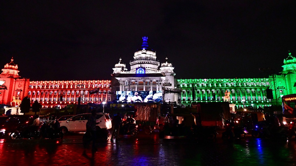 Bengaluru - Vidhana Soudha illuminated in tricolour on the eve of the 80th Independence Day celebrations on Friday, August 14, 2026.jpg