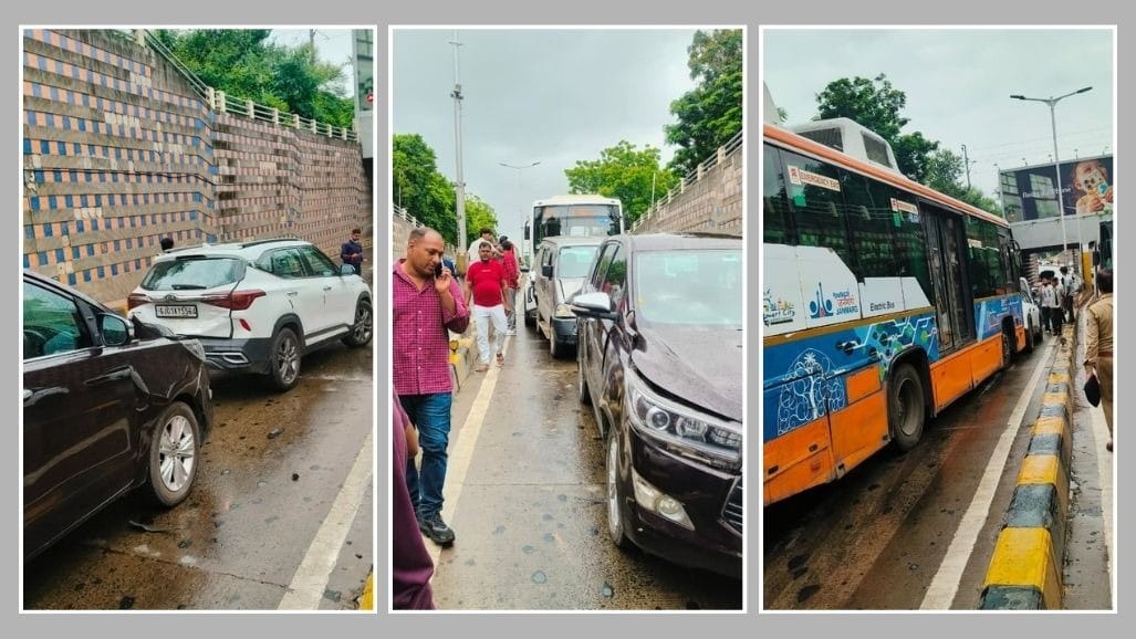 અમદાવાદ અખબારનગર અંડરબ્રિજમાં BRTS બસ અને 5 કાર વચ્ચે ગંભીર અકસ્માત, ટ્રાફિક જામ