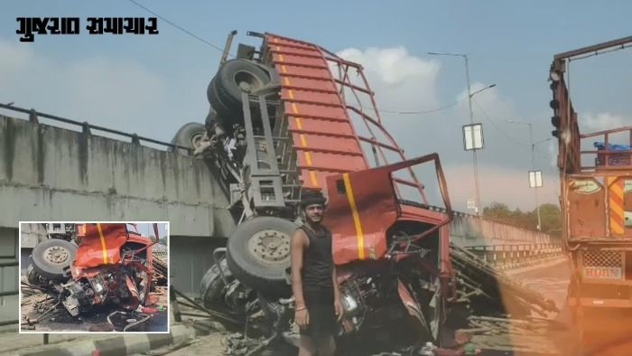 VIDEO: અમદાવાદ-મહેસાણા હાઇવે પર દુર્ઘટના, કલોલ નજીક બ્રિજ પરથી લટકી પડ્યો ટ્રક, કેબિનનો કચ્ચરઘાણ