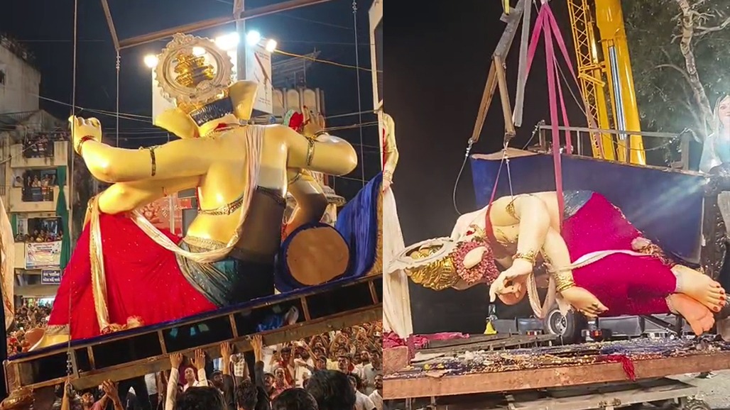પંચમહાલના ગોધરામાં ગણેશ વિસર્જન દરમિયાન ટળી મોટી દુર્ઘટના: ક્રેનનું બેલેન્સ બગડતાં નમી ગઈ વિશાળ મૂર્તિ
